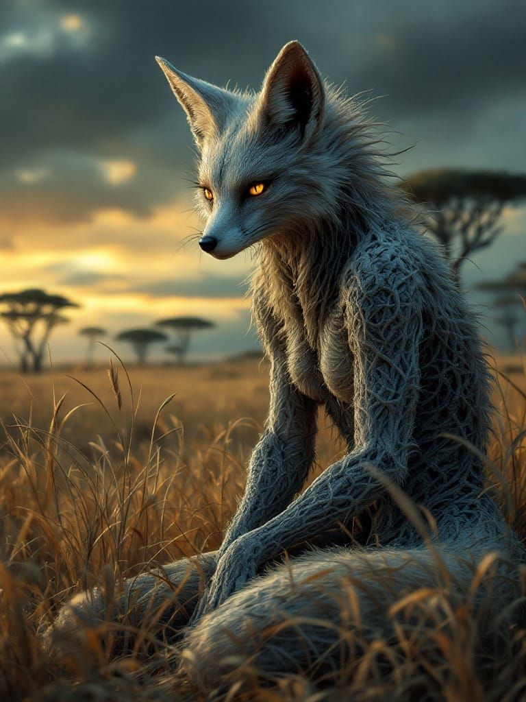 Surreal Woman-Fox Chimaera in Dark Fantasy Savannah