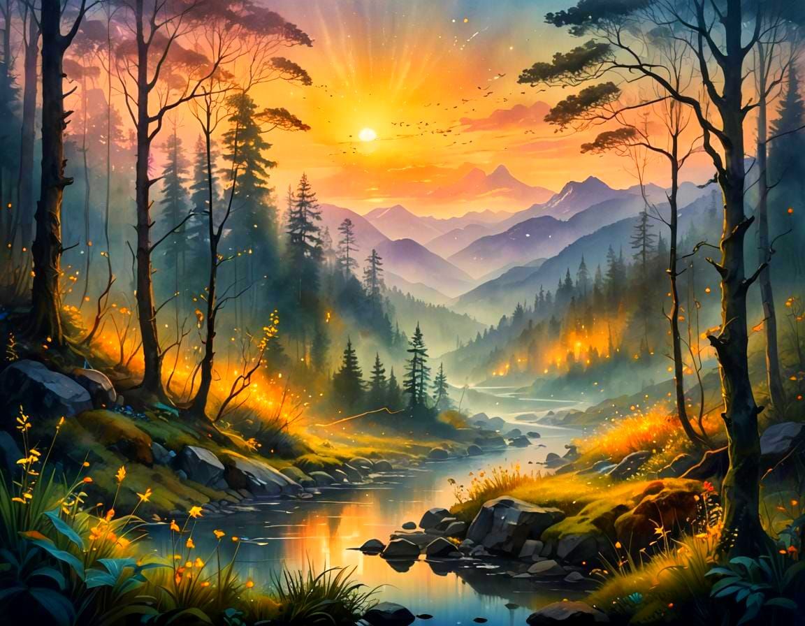 Fantasy Landscape Watercolour Double Exposure at Sunrise