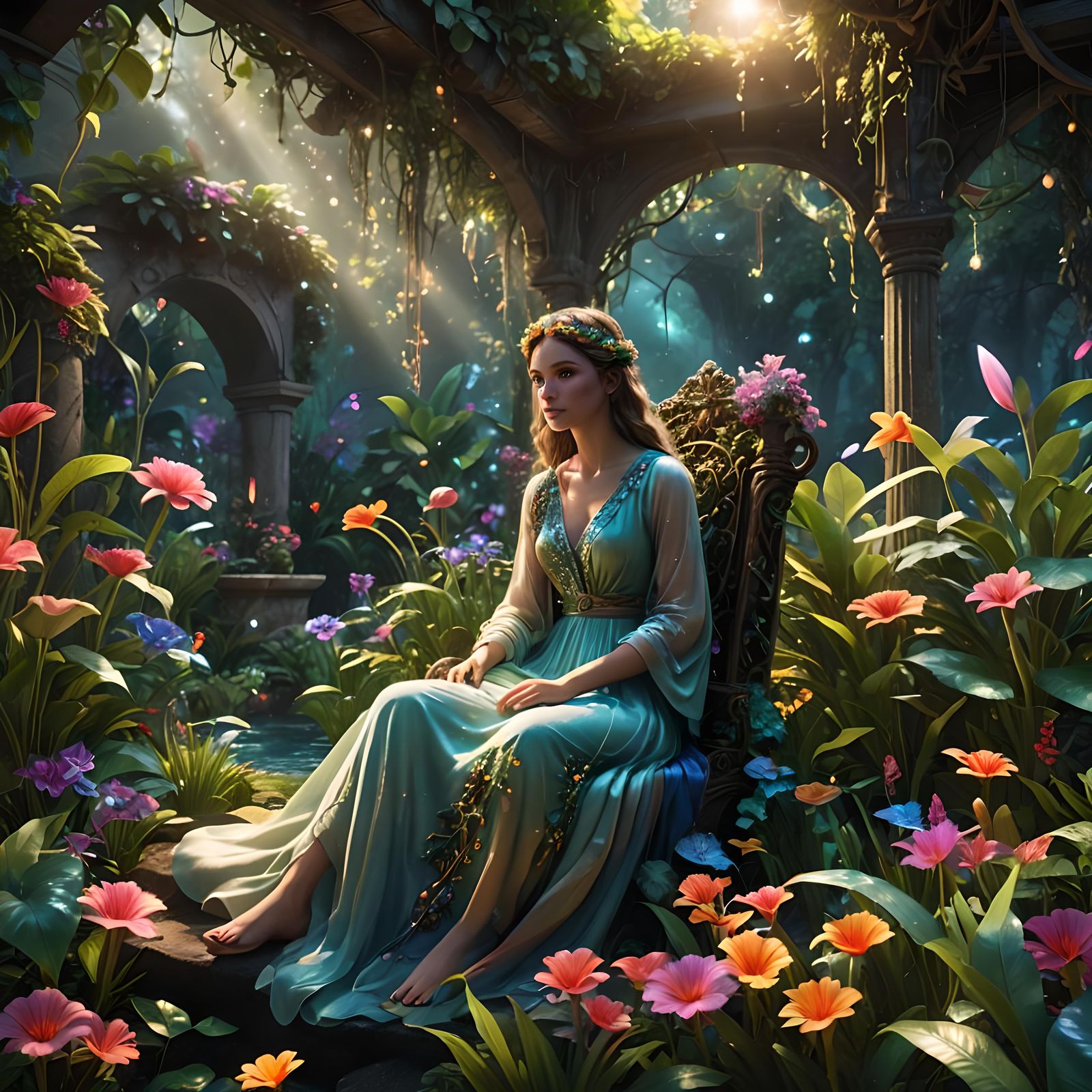 Enchanted hidden garden. 
Create an image where an illuminate beautiful woman  is comfortably seated fo in the midst of ...
