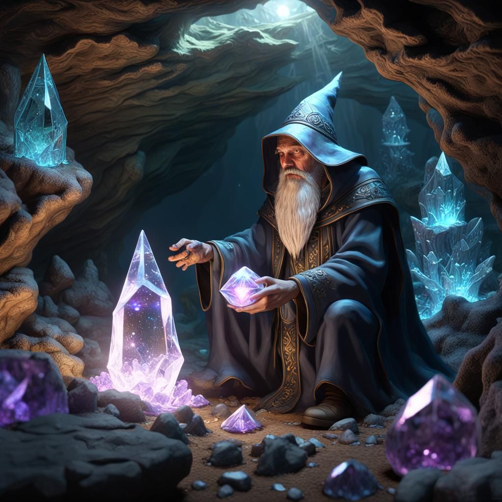 Wizard Manipulating Crystals in Dark Fantasy Cave