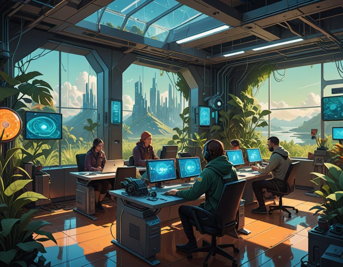 Students in a Solarpunk Classroom with Futuristic Tech and G...