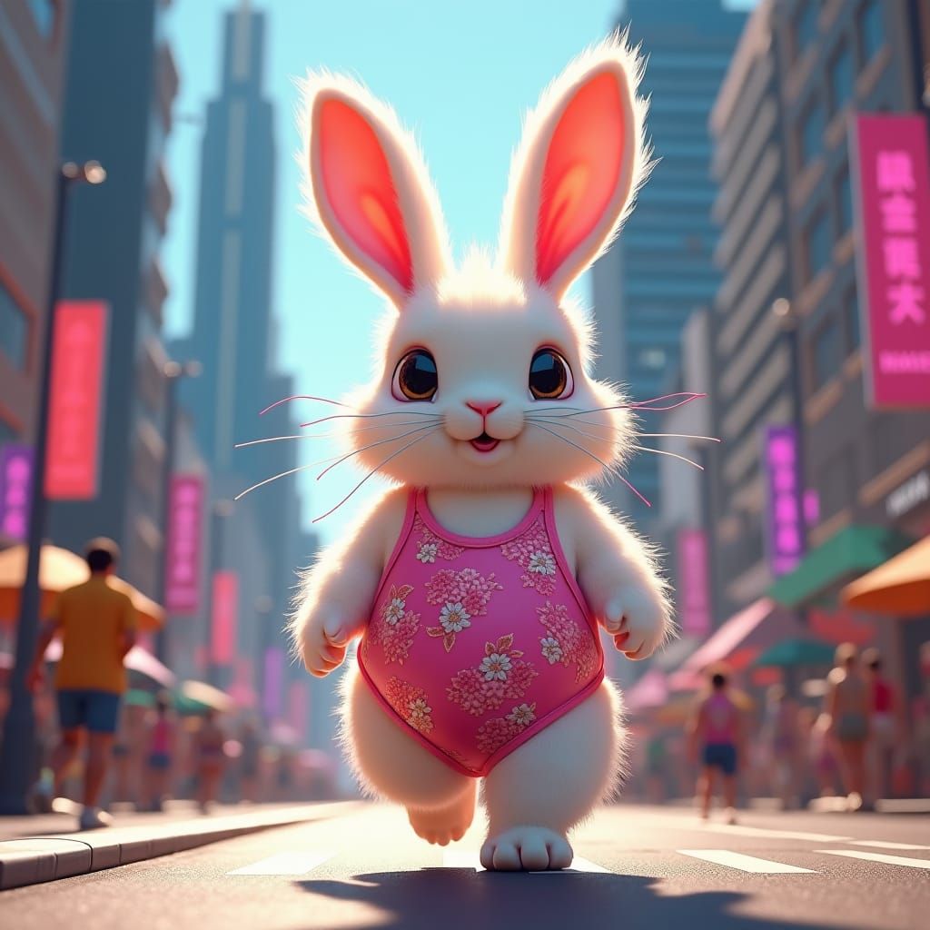 Rabbit in Pink Bathing Suit in Cityscape
