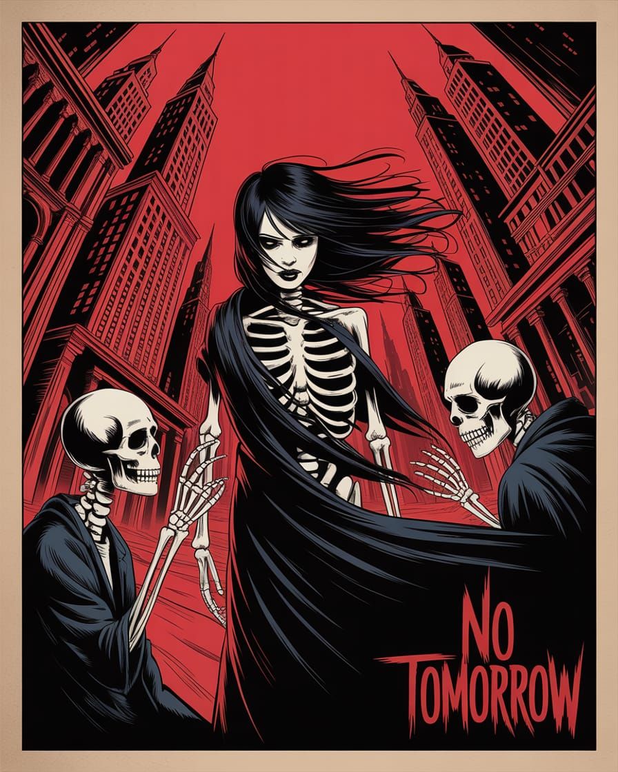 Haunting Spectral Woman Illustration in Gothic Cityscape