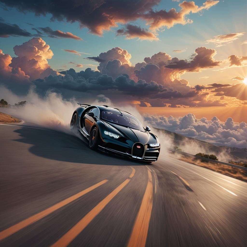 Bugatti Chiron Drives Between Clouds: Digital Concept Art