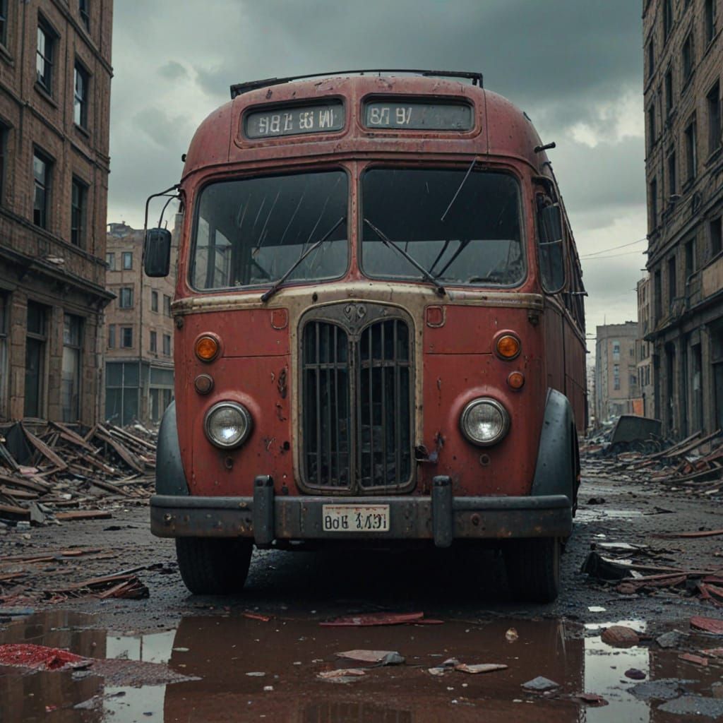 Abandoned Omnibus in Apocalyptic City Under Blood-Red Sky