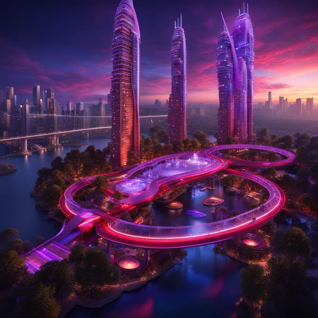 Futuristic Neon Eco-City at Sunset