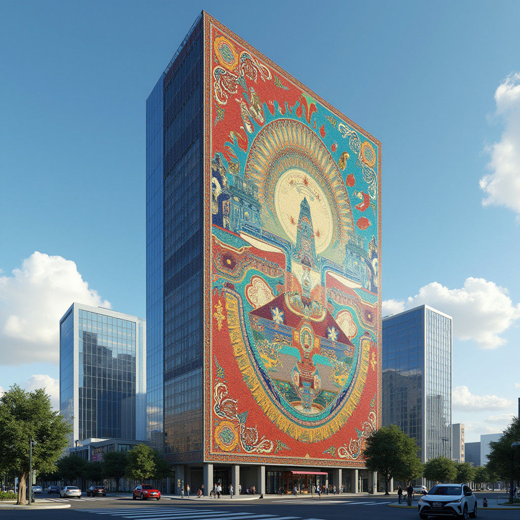 Uzbek Mosaic Art on Modern High-Rise Building