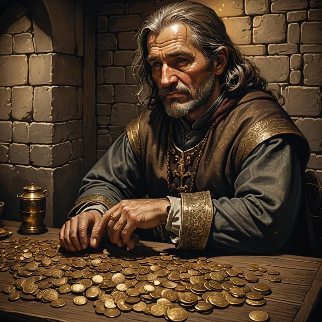 Medieval Merchant Surrounded by Gold Coins in Baroque Style
