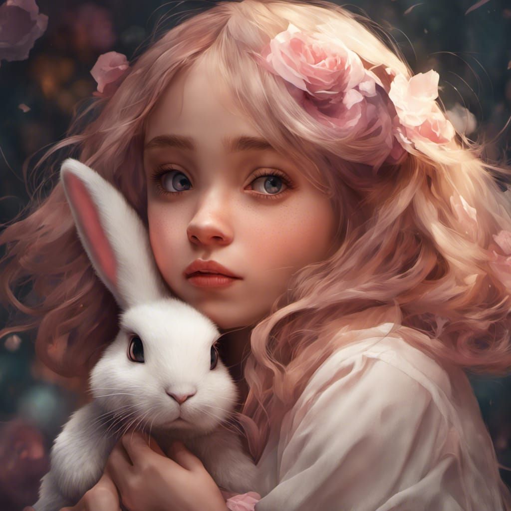 Cute Girl with Bunny Rabbit: Romantic Portrait in 8K