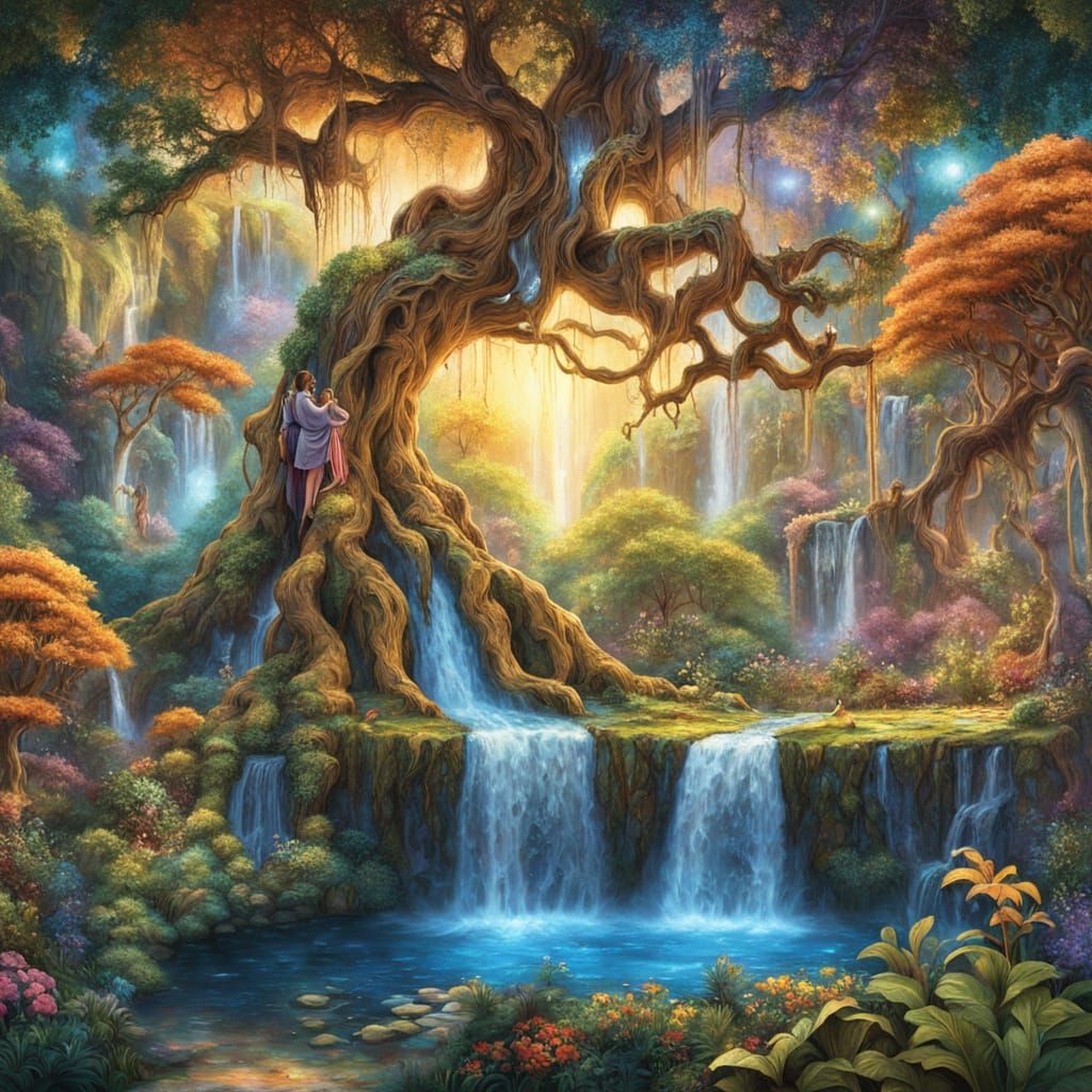 Waterfall Garden in Ancient Tree: Hyper-Realistic Digital Ar...
