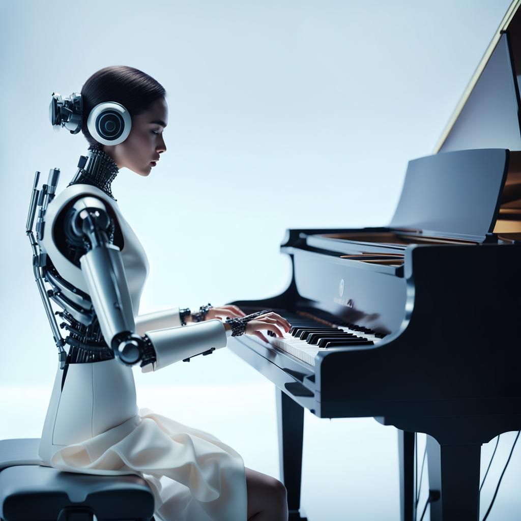 Robot Pianist in Evening Dress: Cinematic Film Still