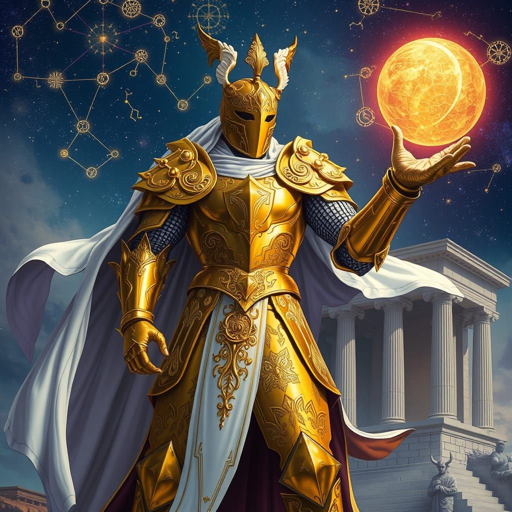 Golden Knight with Gemini Constellation in Vibrant Style