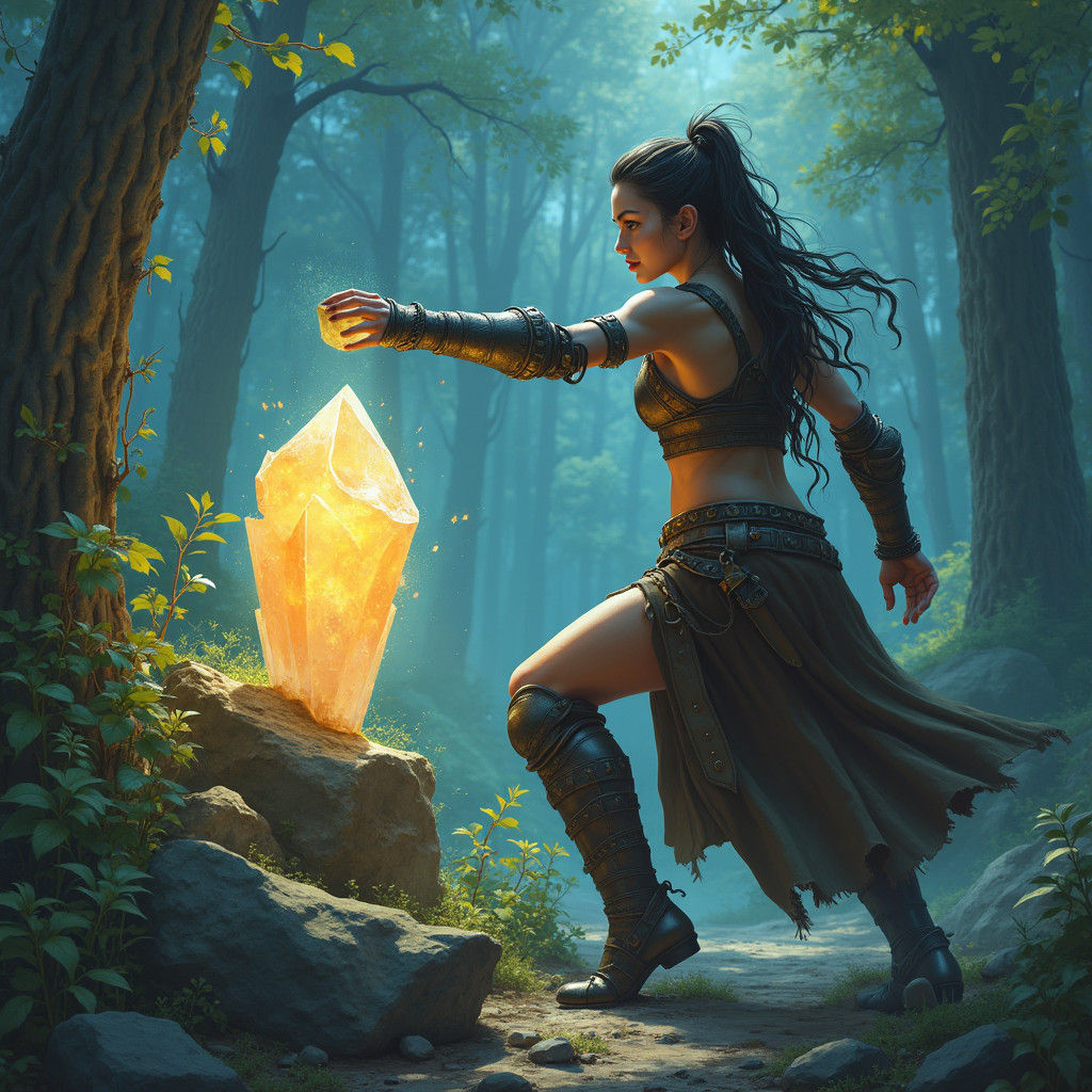 Warrior Shatters Crystal in Mystical Forest