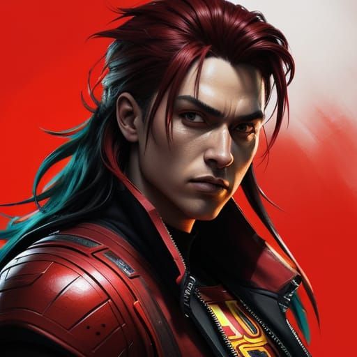 Hyperrealistic Character with Fire Red Details