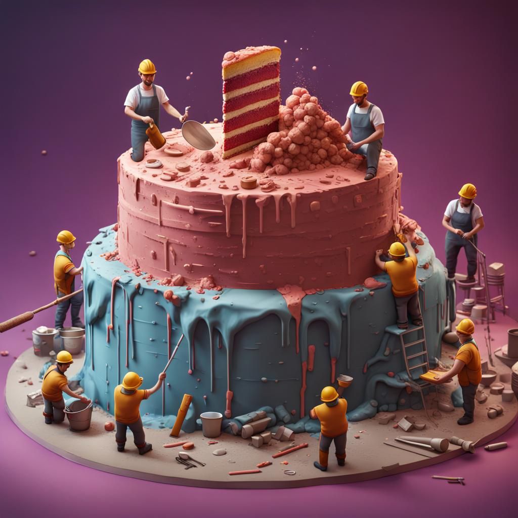 Construction Workers Sculpting Giant Cake: Detailed Matte Pa...