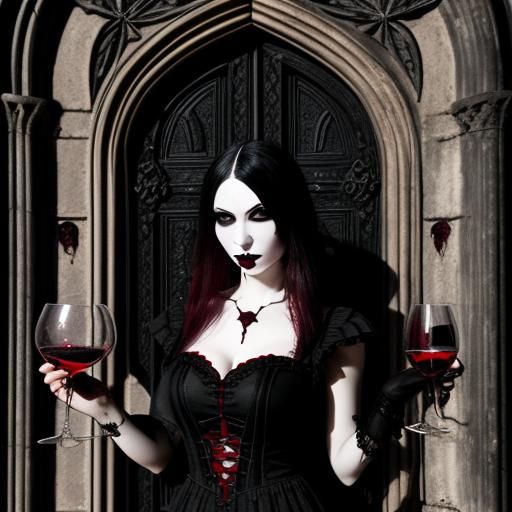 Gothic Girl at Castle Door with Wine
