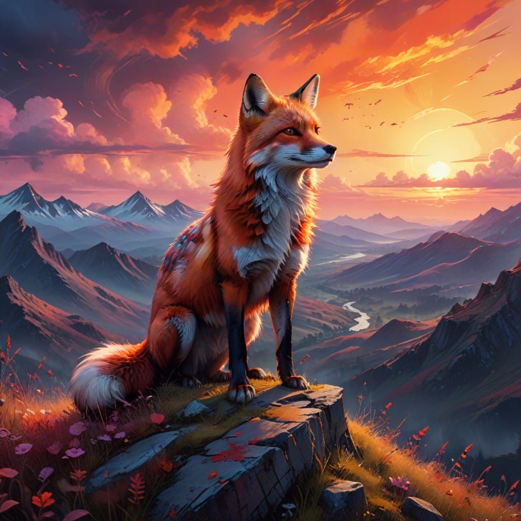Epic Crimson Fox on Dusk Ridge, Watercolour Sunset Scene