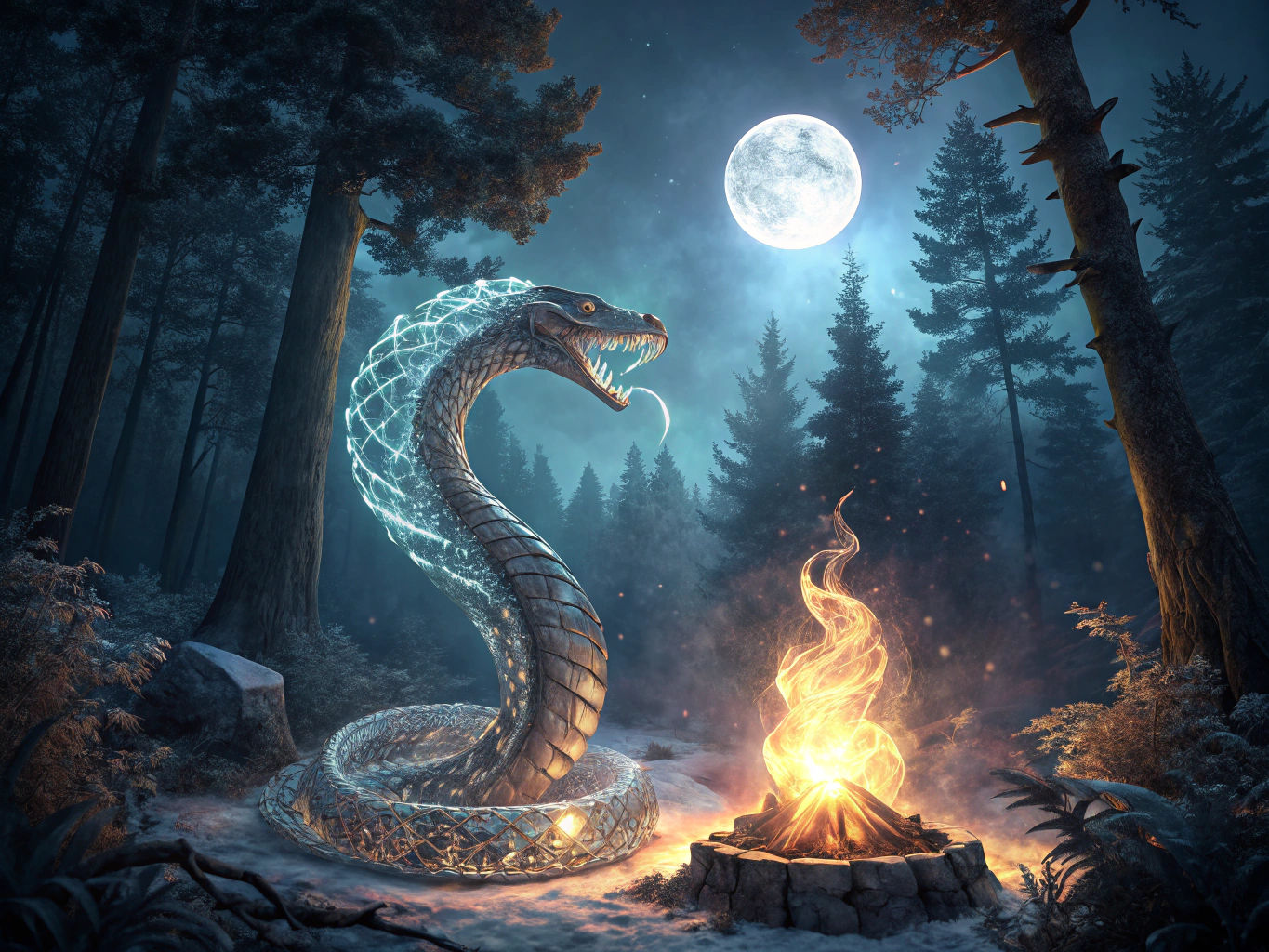 Glass Serpent Coils Around Frozen Flame