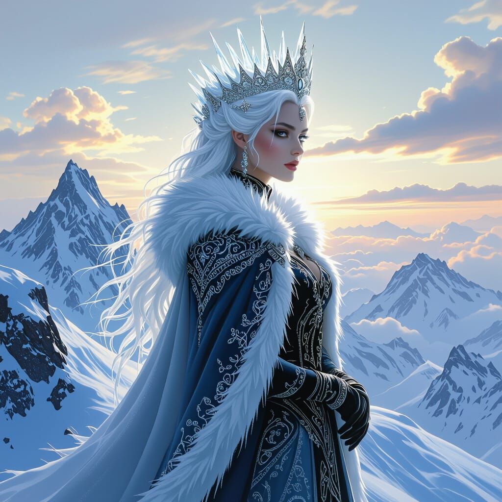 Icy Queen on Windswept Peak in Epic Fantasy Art