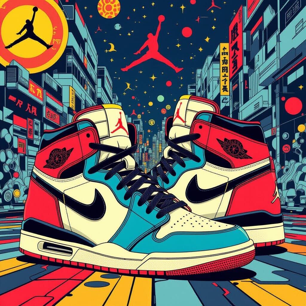 Retro Jordan Shoes: Vibrant Futuristic Illustration