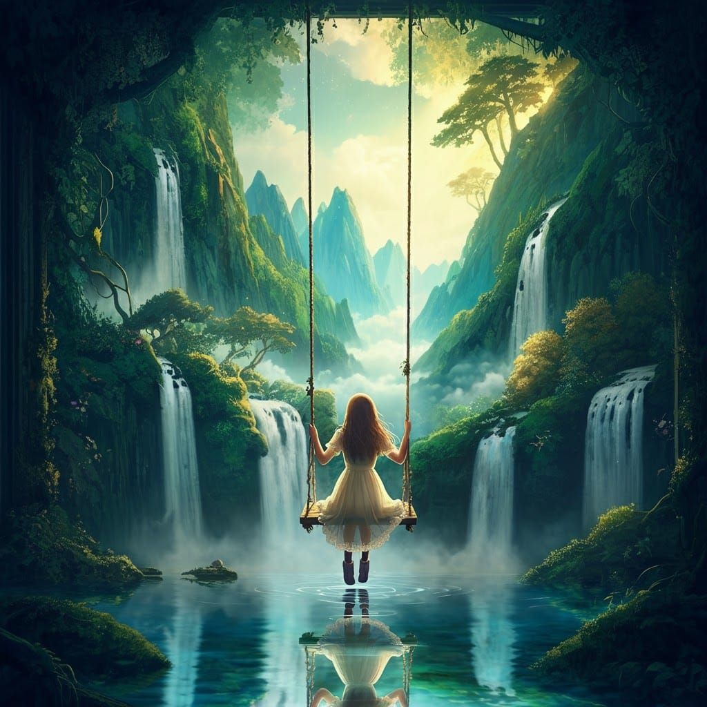 Girl on Swing in Dreamlike Landscape