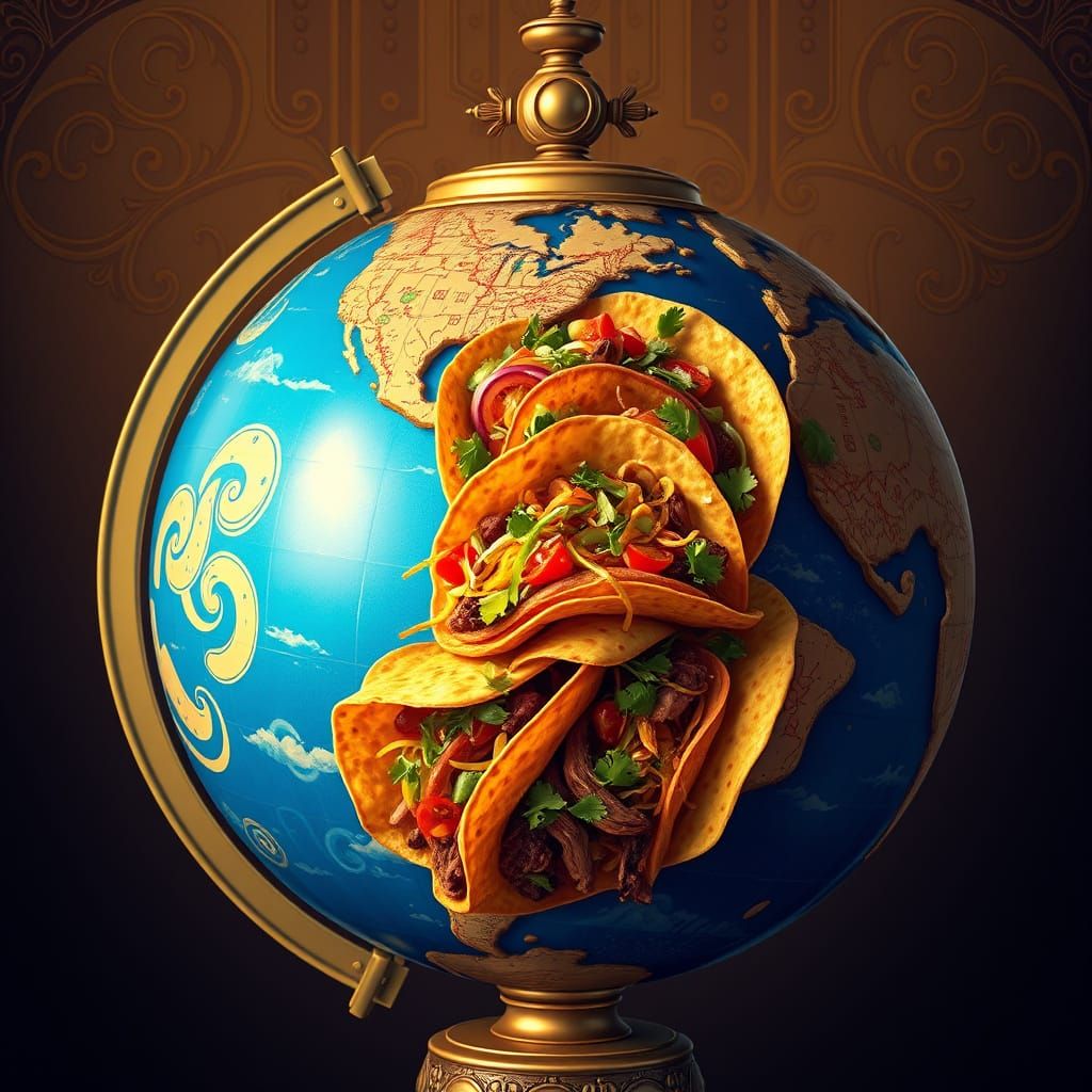 Hyper-Realistic Tacos Fill an Ornate, Swirling Globe