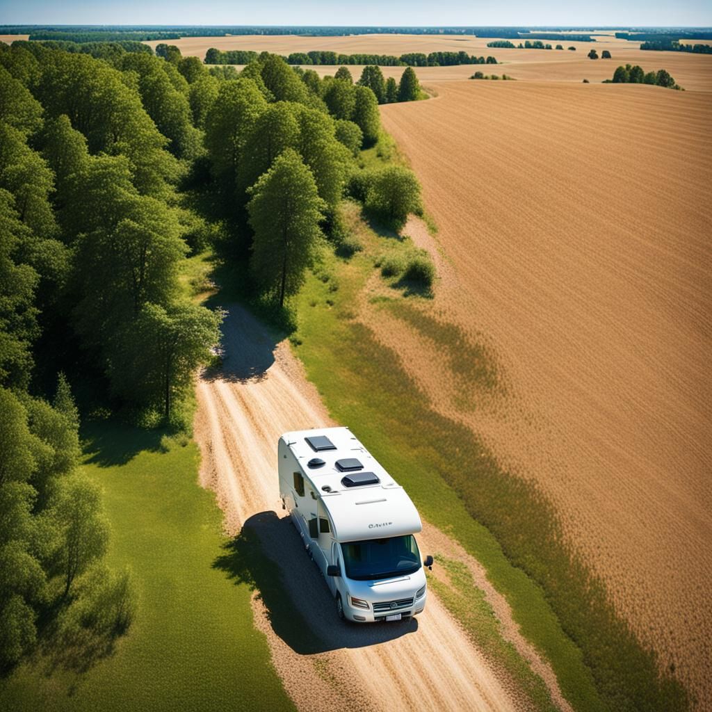 Camper Van on Country Road: Summer Sky View