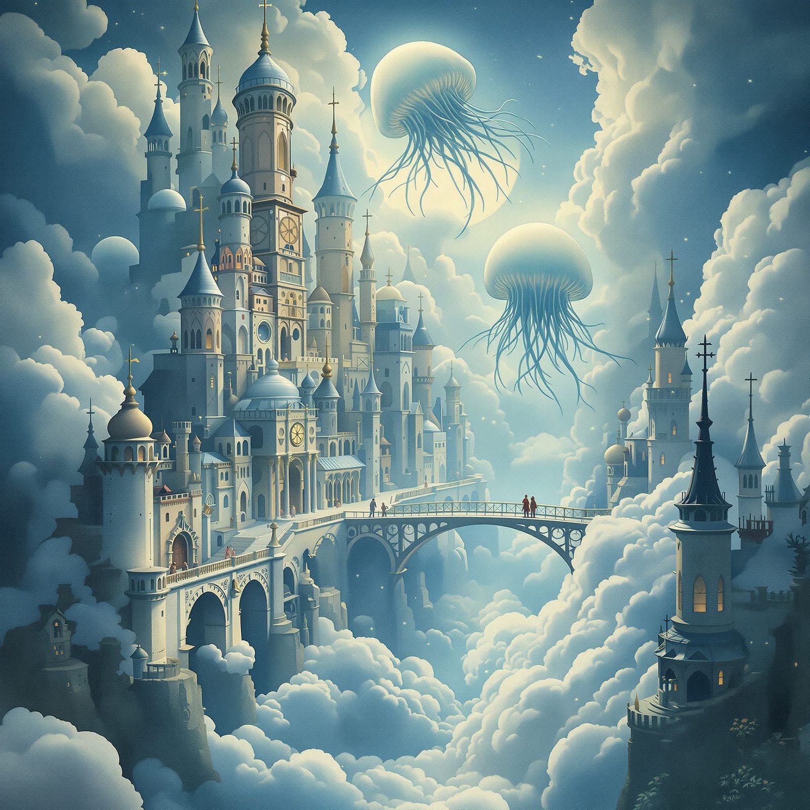 Dreamlike Cloud City with Moonlight Bridges and Jellyfish