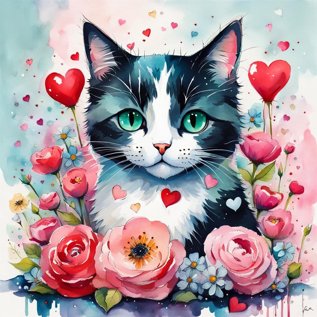 Cat in Floral Lights, Graffiti Art Style