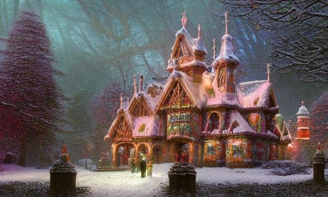 Gingerbread Palace in Creepy Winter Forest, Rococo Baroque S...