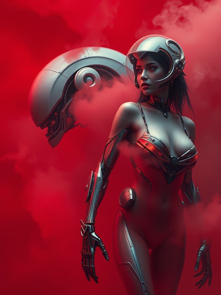 Futuristic Robot and Cyborg Emerge from Red Smoke
