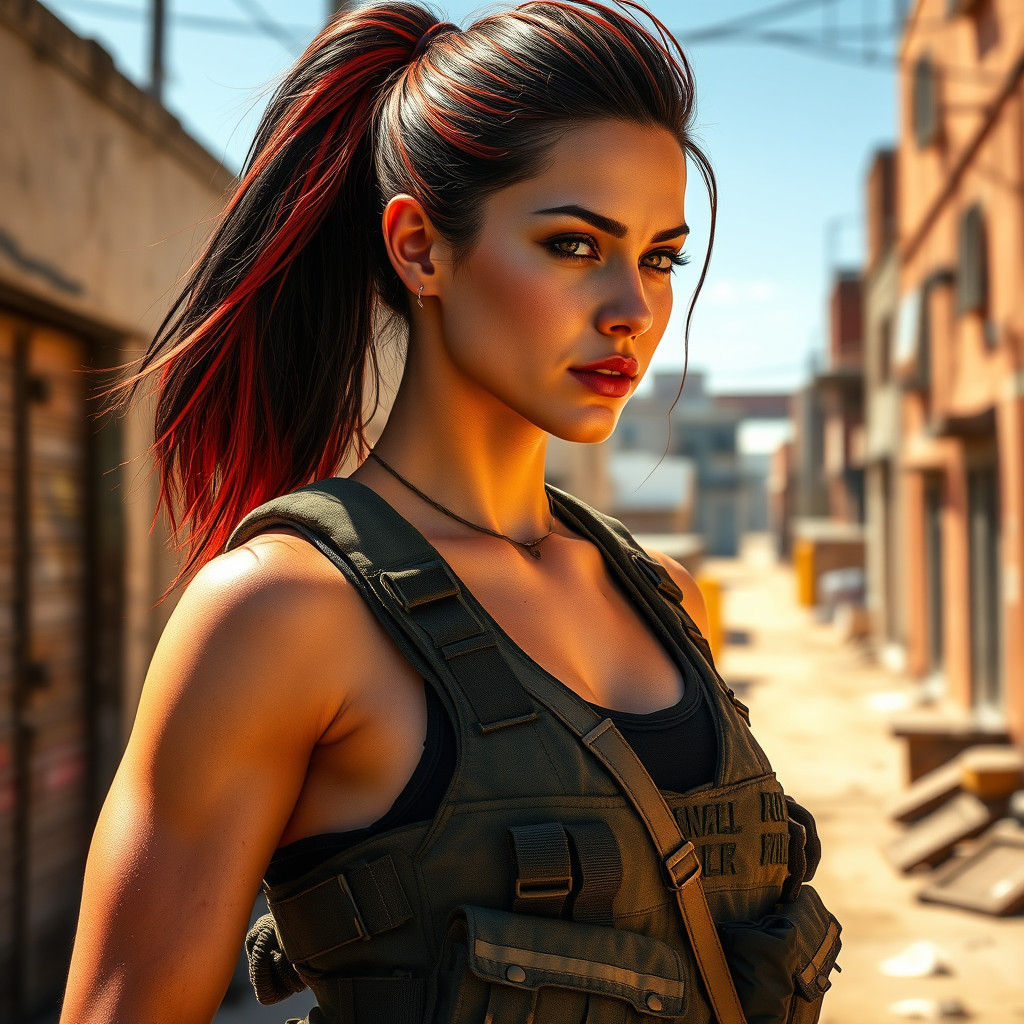 Mercenary Woman in Urban Landscape: Concept Art