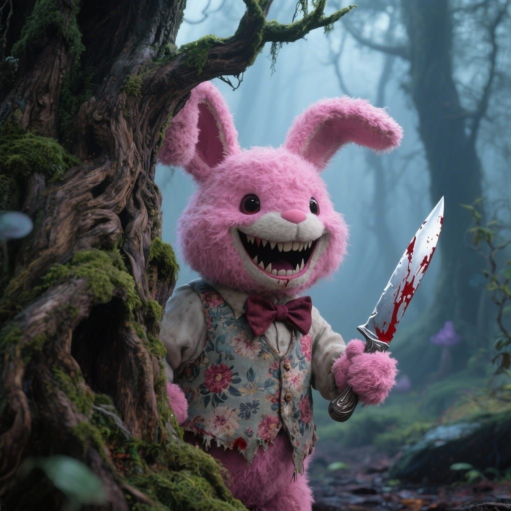 Eerie Toy Rabbit with Knife in Misty Forest
