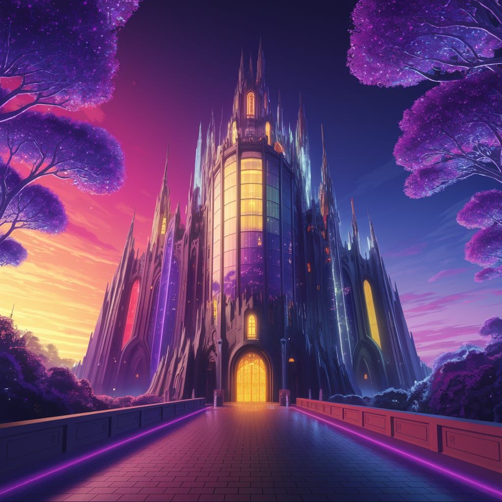 Surreal Cyberpunk Castle Illuminated at Sunset