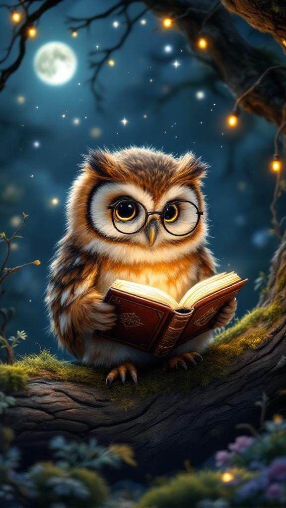 Cute Owl Reading Book Surrounded by Fairy Lights