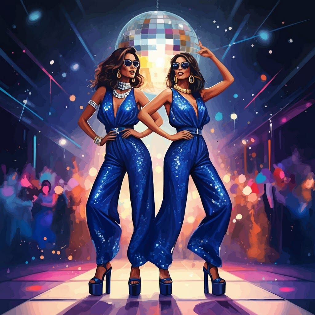 Disco Dancers in Shimmering Blue: Graffiti Splash Art