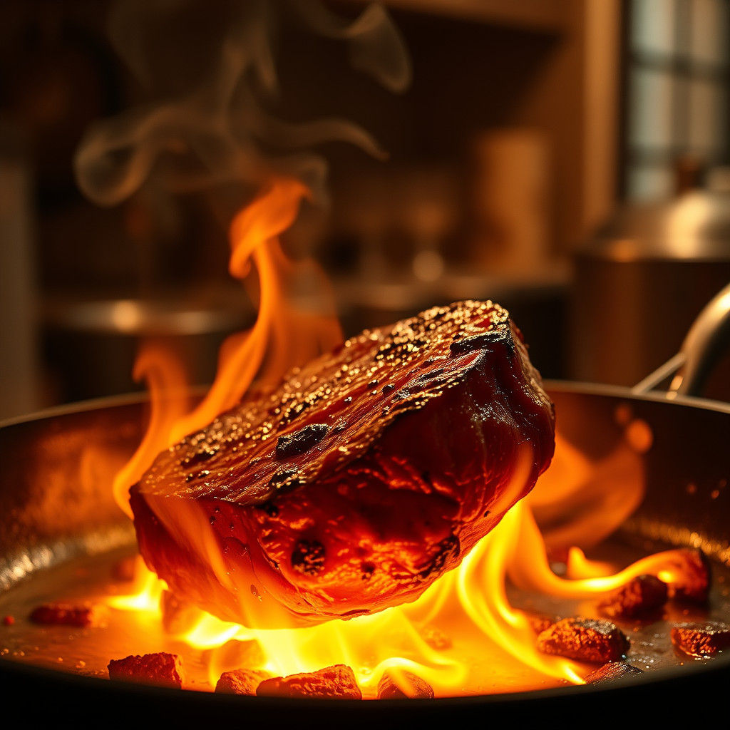 Charred Filet Mignon in Scorching Skillet, Cinematic Lightin...