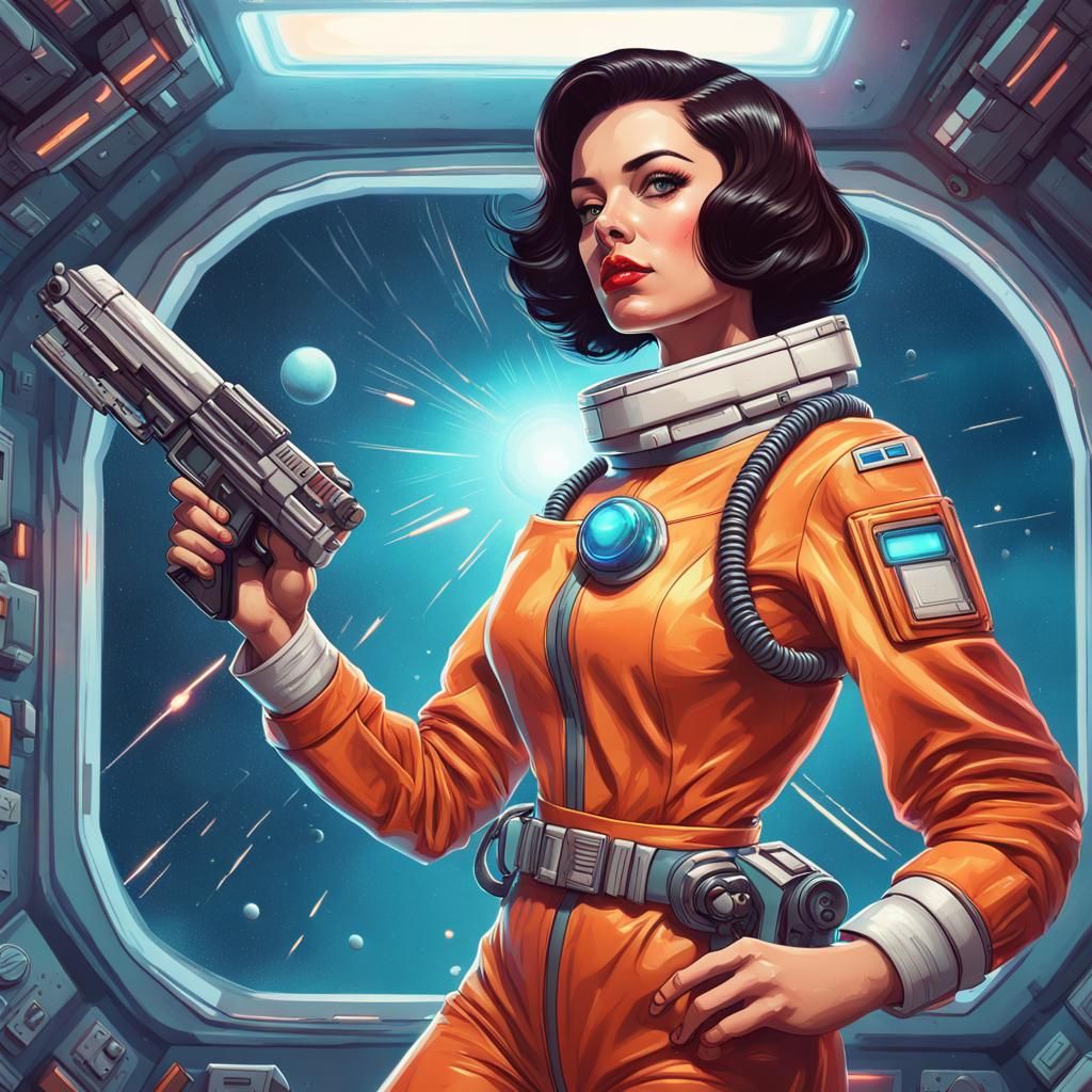 Brunette in Retrofuturistic Space Uniform with Laser Pistol