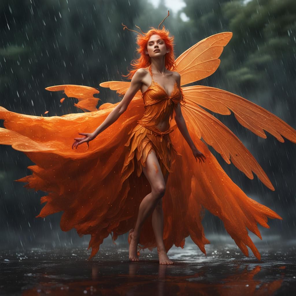 Orange Fairy in Rain, Hyperrealistic Fantasy Art