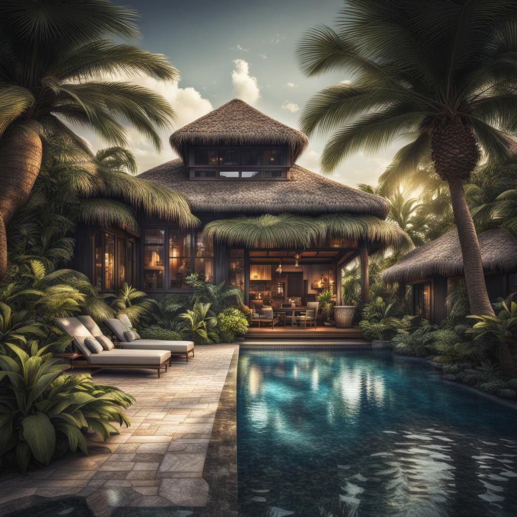 Island House Backyard with Pool in Hyperrealistic Style