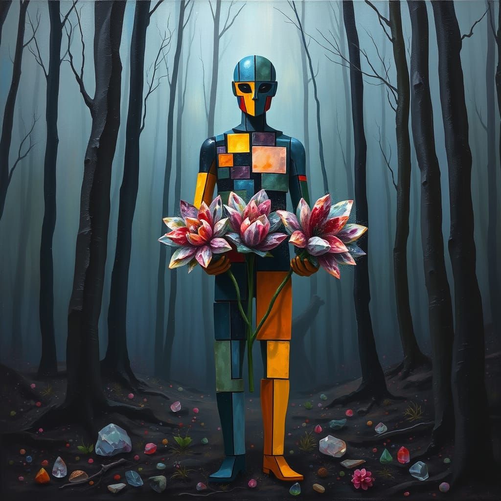 Mondrian Figure Holding Flowers in Dark Forest