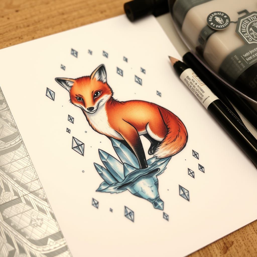 Mystical Crystal Foxes Tattoo Sheet Design