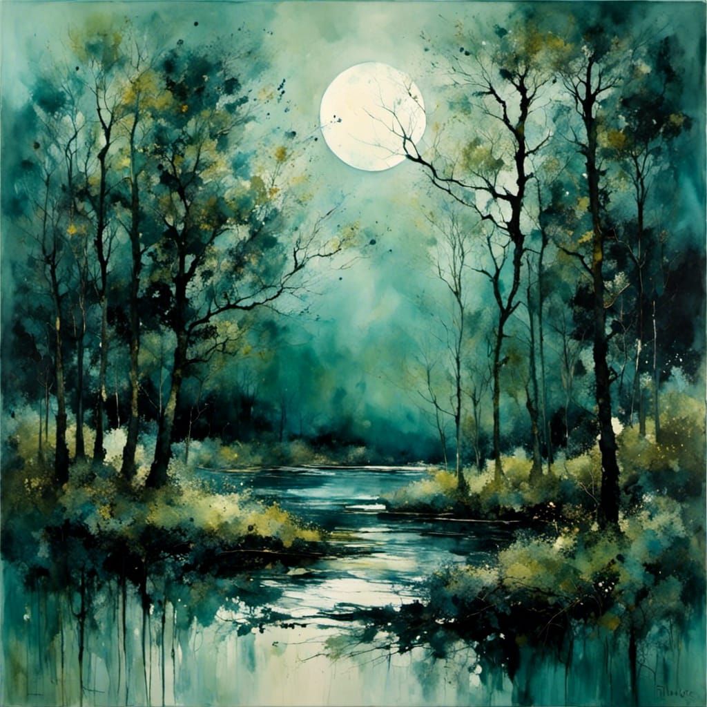 Blue Night River Scene in Dreamy Moonscape