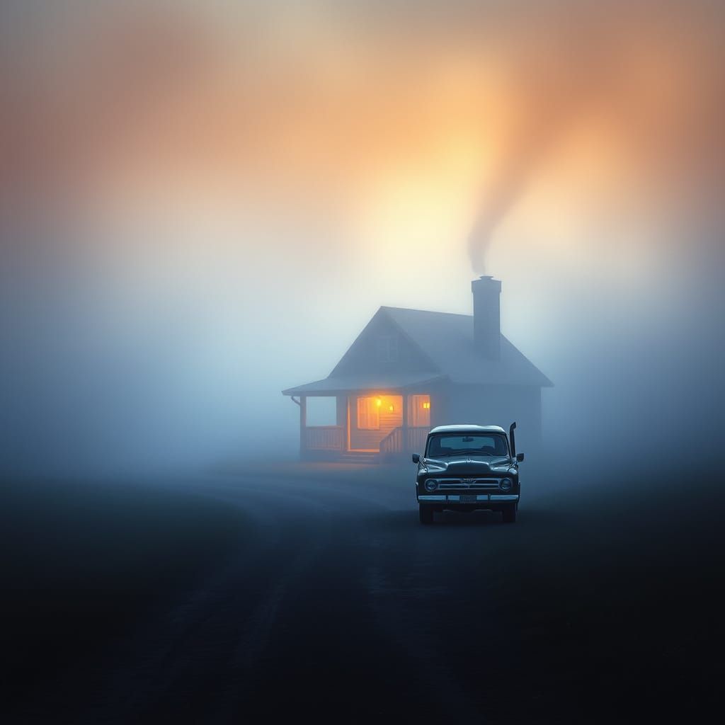 Foggy Cabin Scene with Truck: Hyperrealistic Splash Art