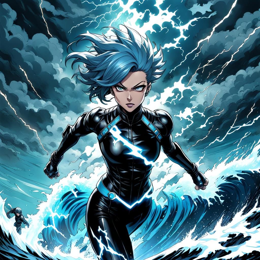 Female Supervillain Leaps from Storm in Anime Style