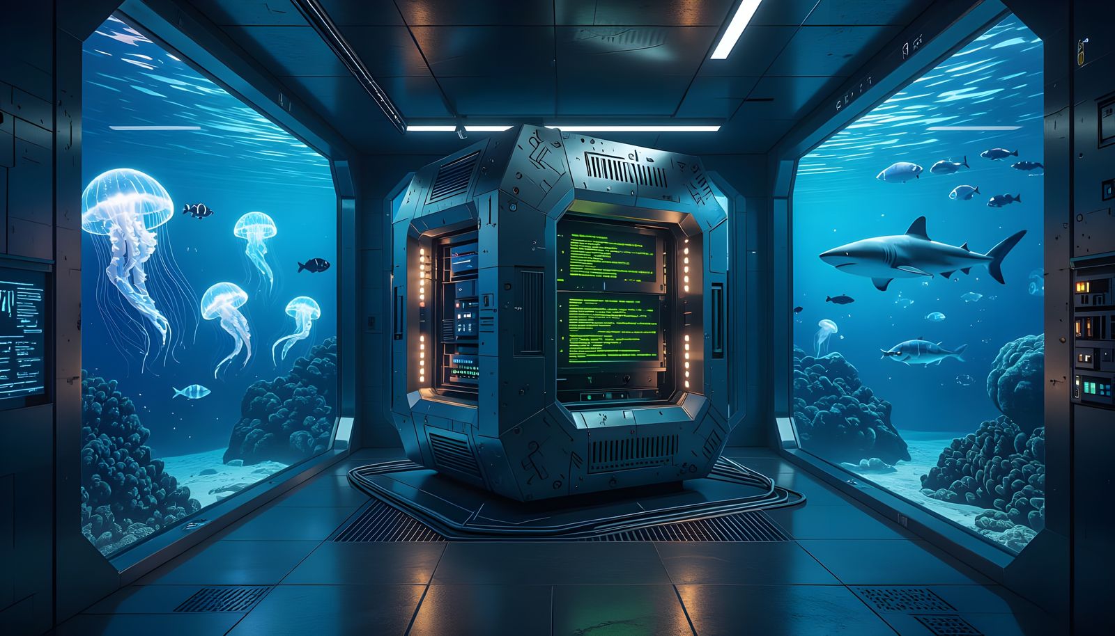 Secret Underwater Lab with Supercomputer and Marine Life