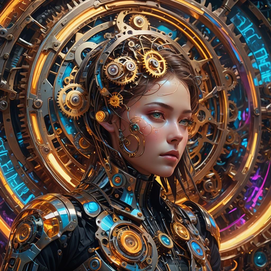 Futuristic Being in Clockwork Vortex: Hyperrealistic Concept...