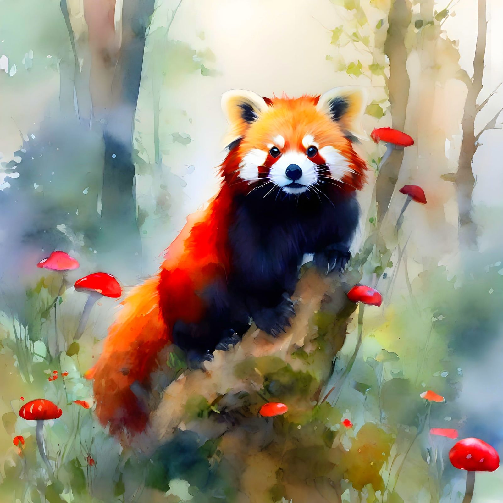Red Panda in Bioluminescent Forest, Watercolor Art