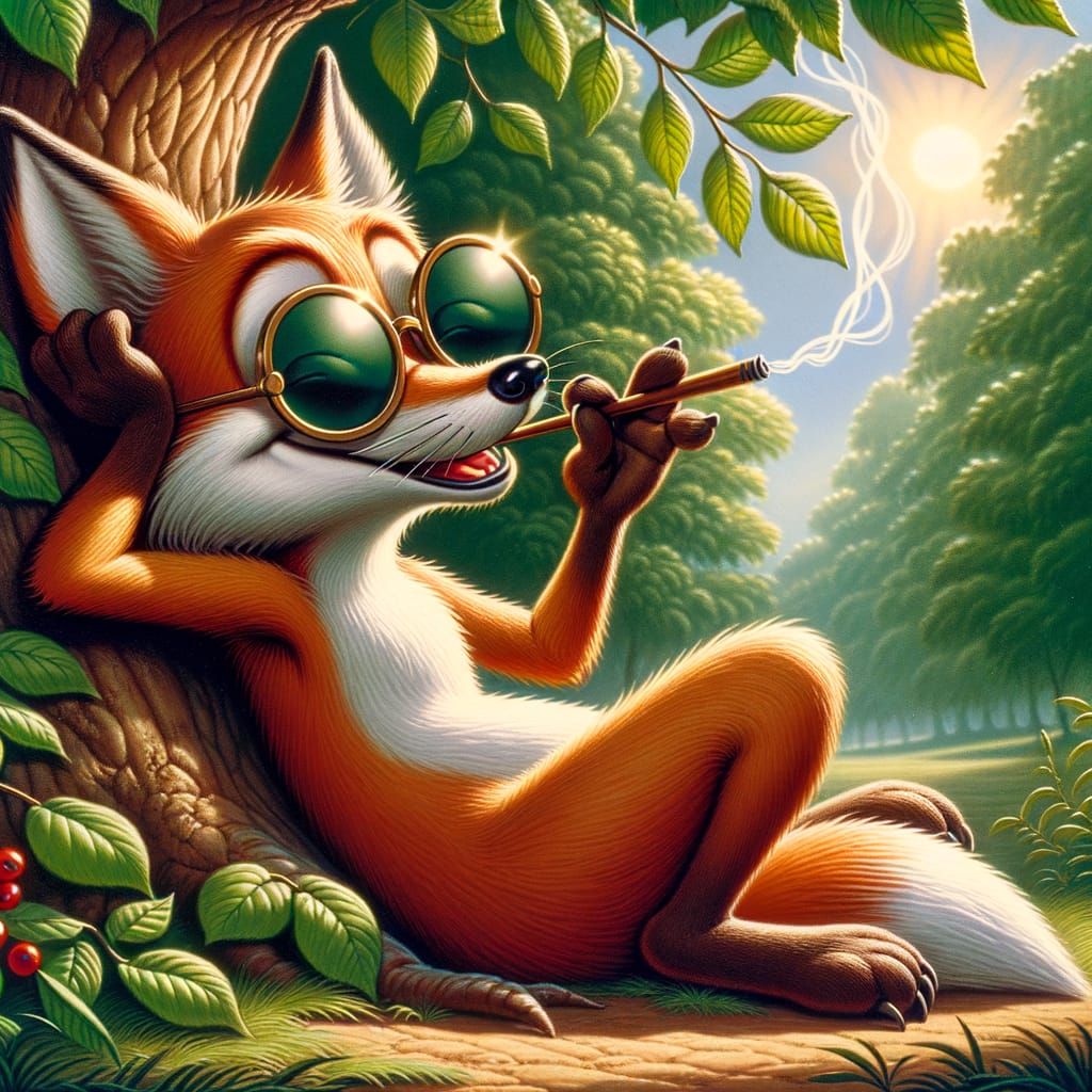 Cartoon Fox Relaxing Under Tree in Vintage Animation Style