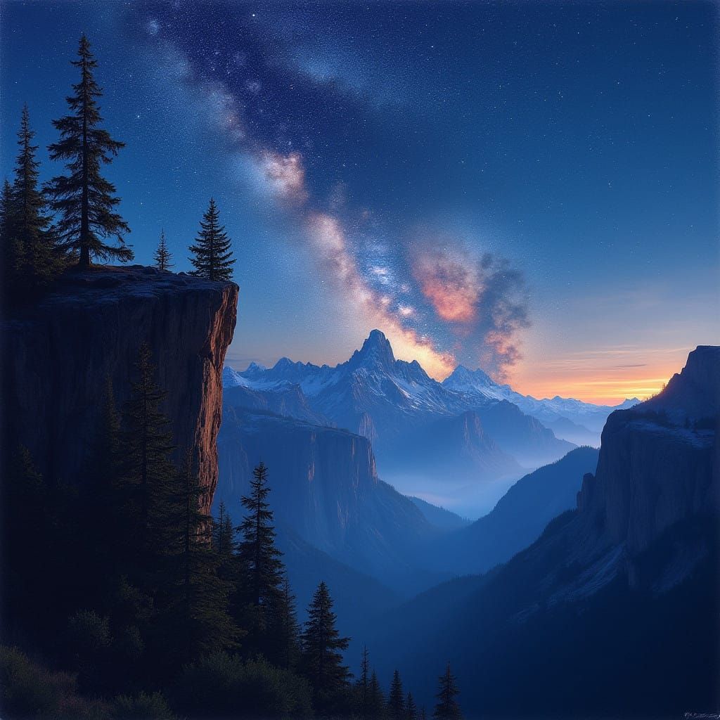 Surreal Nighttime Mountain Landscape with Conifer Trees in D...